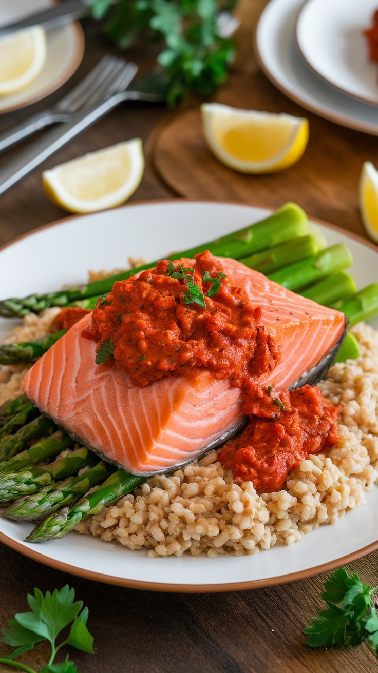 Plated salmon on bulgar wheat with asparagus and romesco sauce, garnished with lemon and parsley.